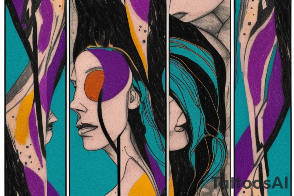 card sized

thick black lines, with teal, amber and purple being the only used colors.

A man is running through a liminal space in the universe piecing it back together tattoo idea