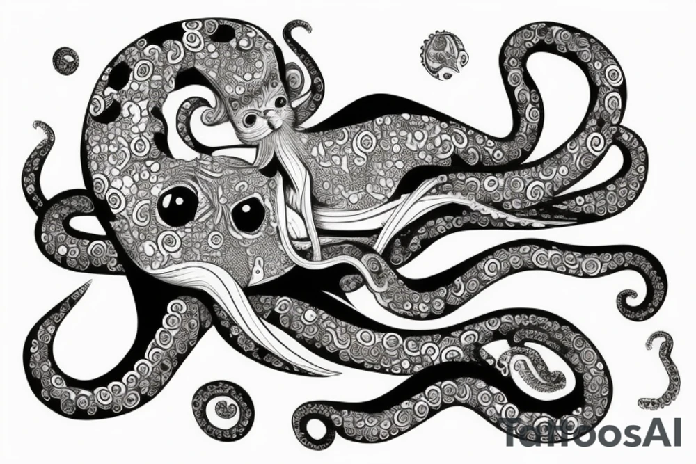 cat on top of an octopus tattoo idea