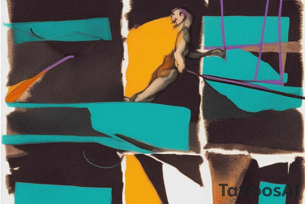 card sized

thick black lines, with teal, amber and purple being the only used colors.

A man is running through a liminal space in the universe piecing it back together tattoo idea