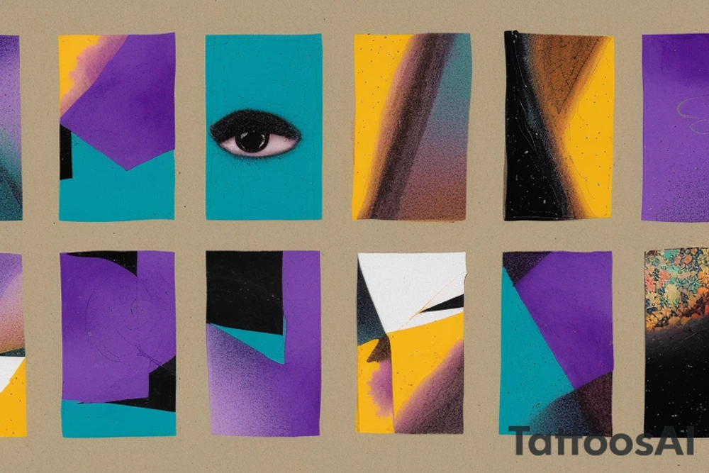 card sized

thick black lines, with teal, amber and purple being the only used colors.

A man is running through a liminal space in the universe piecing it back together tattoo idea