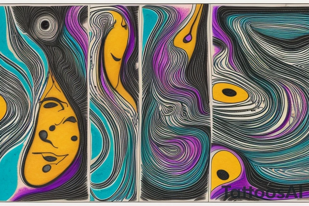 card sized

thick black lines, with teal, amber and purple being the only used colors.

A man is running through a liminal space in the universe piecing it back together tattoo idea