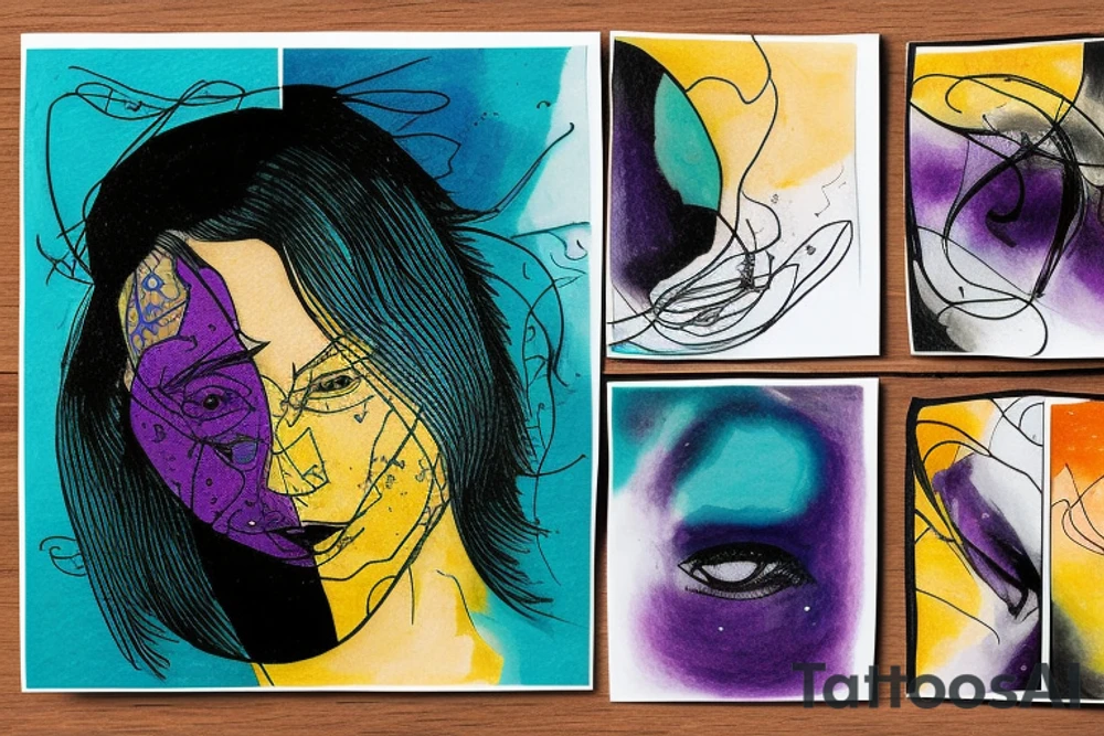 card sized

thick black lines, with teal, amber and purple being the only used colors.

A man is running through a liminal space in the universe piecing it back together tattoo idea