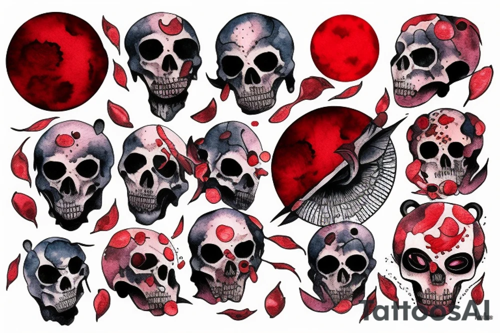 Red moon with scull and bear motives tattoo idea