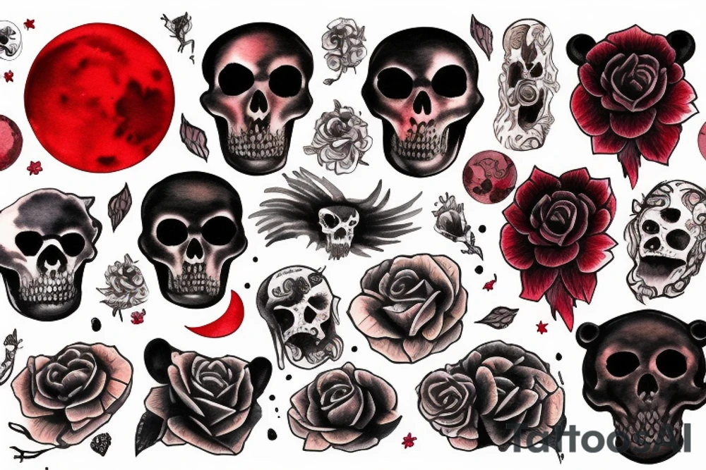 Red moon with scull and bear motives tattoo idea