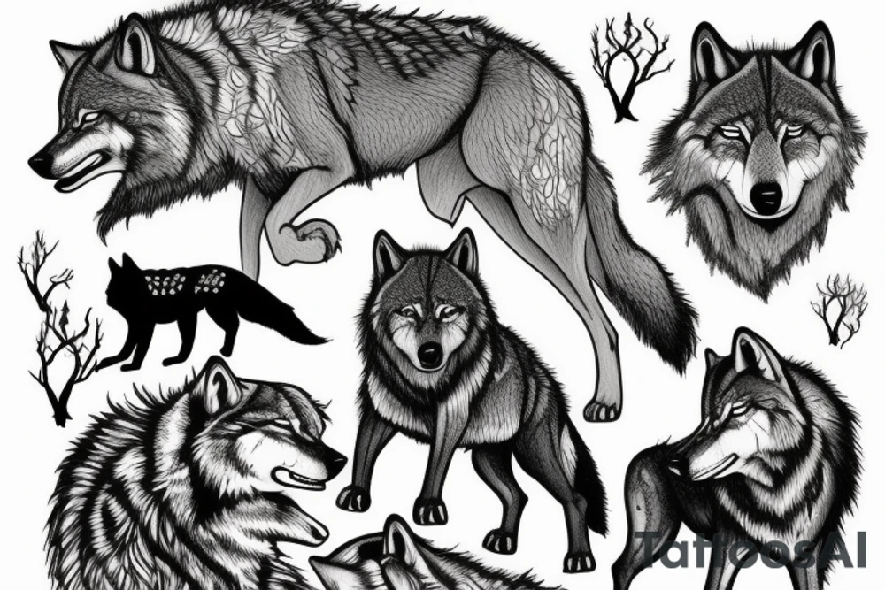 Pack of wolfs in the forest with the alpha in a cliff howiling tattoo idea
