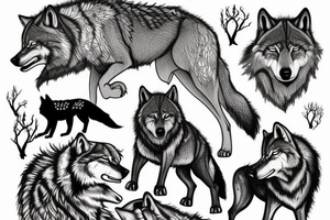 Pack of wolfs in the forest with the alpha in a cliff howiling tattoo idea