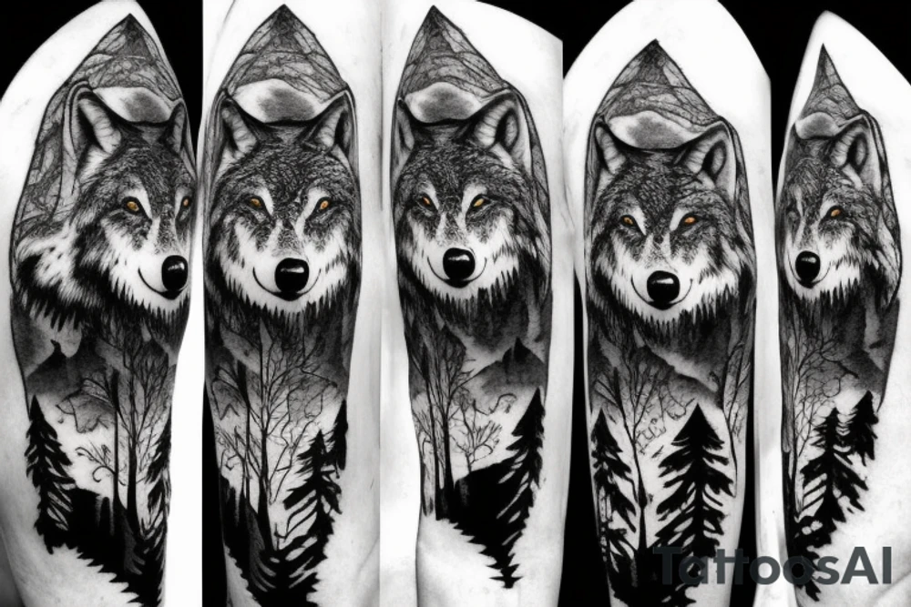 Pack of wolfs in the forest with the alpha in a cliff howiling tattoo idea