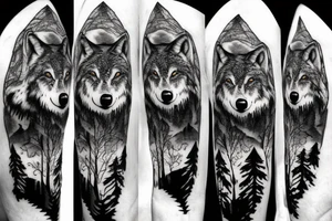 Pack of wolfs in the forest with the alpha in a cliff howiling tattoo idea