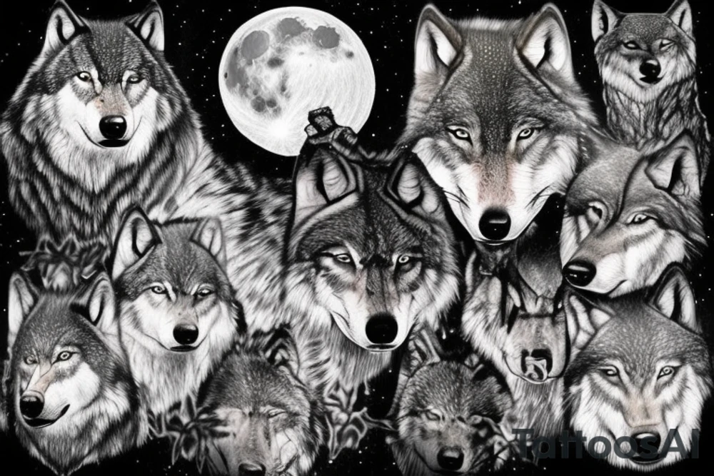 Pack of wolfs in the forest with the alpha in a cliff howiling to the full moon tattoo idea Pack of wolfs in the forest with the alpha in a cliff howiling to the full moon tattoo idea