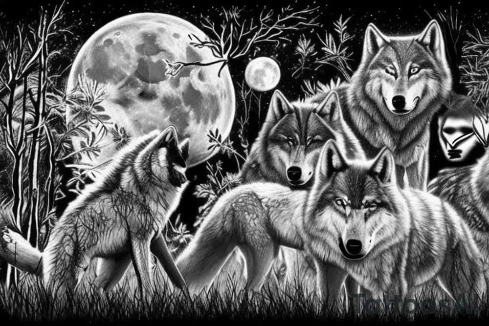 Pack of wolfs in the forest with the alpha in a cliff howiling to the full moon tattoo idea Pack of wolfs in the forest with the alpha in a cliff howiling to the full moon tattoo idea