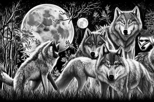 Pack of wolfs in the forest with the alpha in a cliff howiling to the full moon tattoo idea