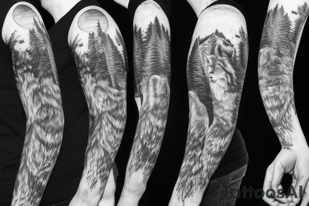 Pack of wolfs in the forest with the alpha in a cliff howiling to the full moon tattoo idea