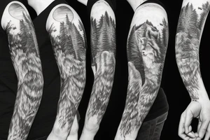 Pack of wolfs in the forest with the alpha in a cliff howiling to the full moon tattoo idea
