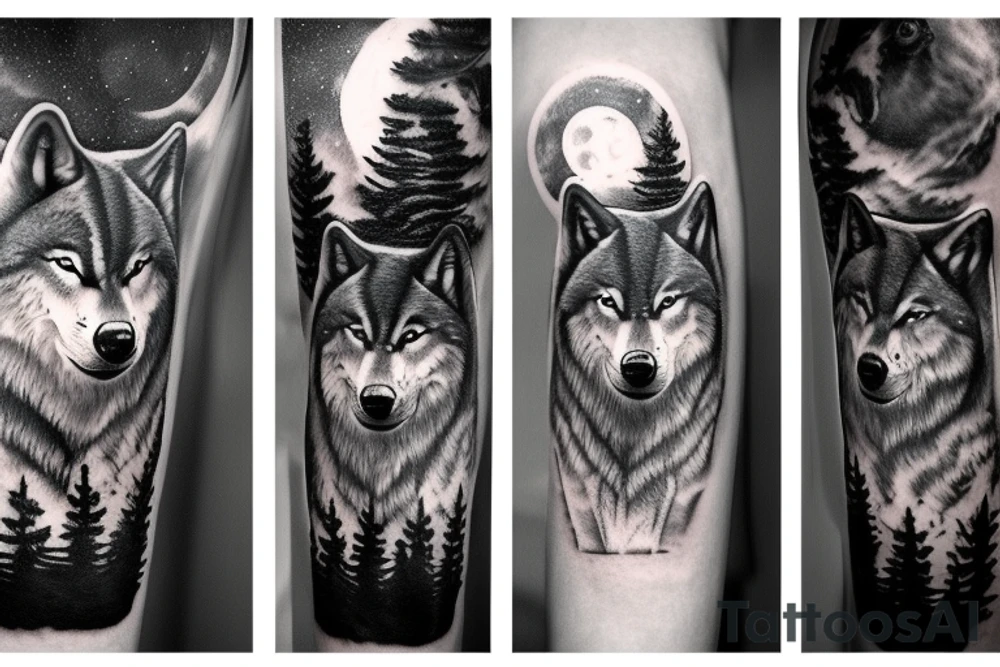 Pack of wolfs in the forest with the alpha in a cliff howiling to the full moon tattoo idea