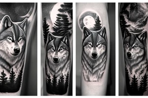 Pack of wolfs in the forest with the alpha in a cliff howiling to the full moon tattoo idea