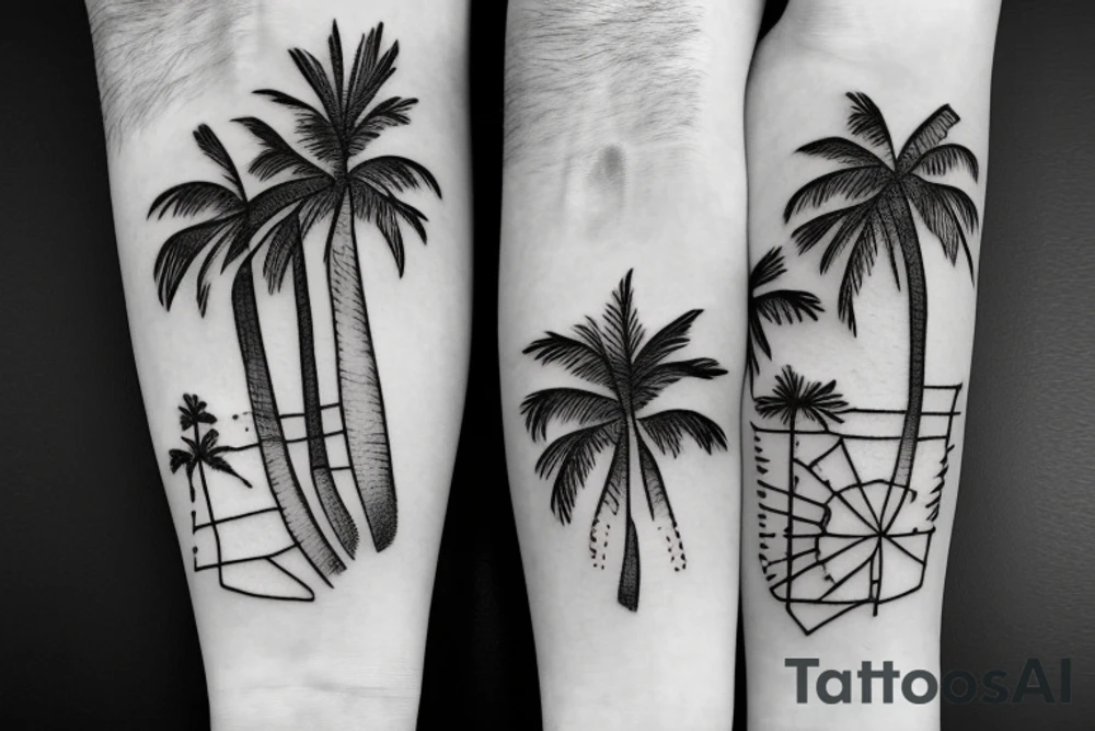 Palm trees with his and hers wedding bands intertwined tattoo idea