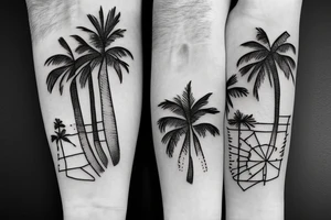 Palm trees with his and hers wedding bands intertwined tattoo idea