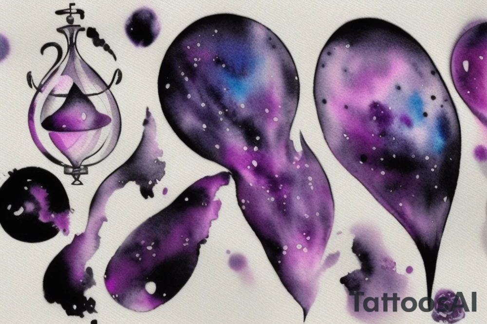 You could have an hourglass shape in black ink, filled with a purple nebula design. To give it a more ethereal look, the nebula could be created using watercolor techniques. Some of the purple nebula could spill out of the hourglass and drip down the side in a similar watercolor style. tattoo idea