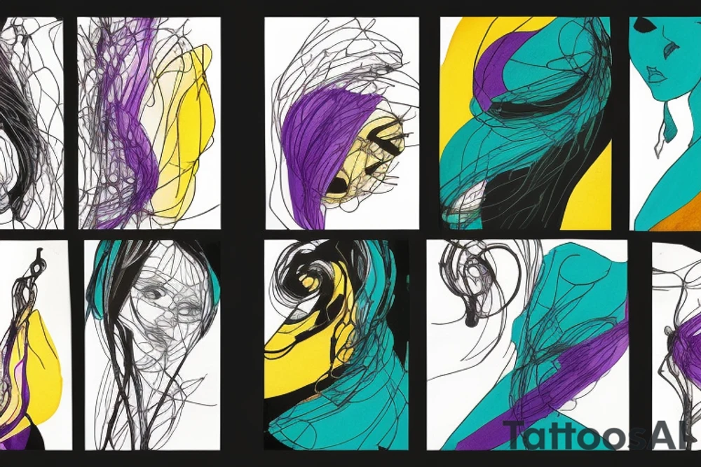 card sized

thick black lines, with teal, amber and purple being the only used colors.

A women is running through a airport terminal in the universe piecing it back together tattoo idea