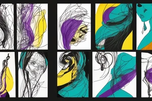 card sized

thick black lines, with teal, amber and purple being the only used colors.

A women is running through a airport terminal in the universe piecing it back together tattoo idea