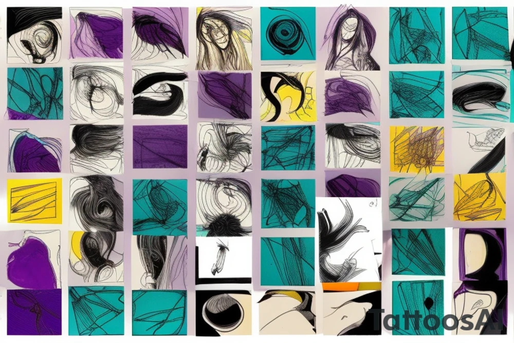 card sized

thick black lines, with teal, amber and purple being the only used colors.

A person is running through an airport terminal in the universe piecing it back together tattoo idea