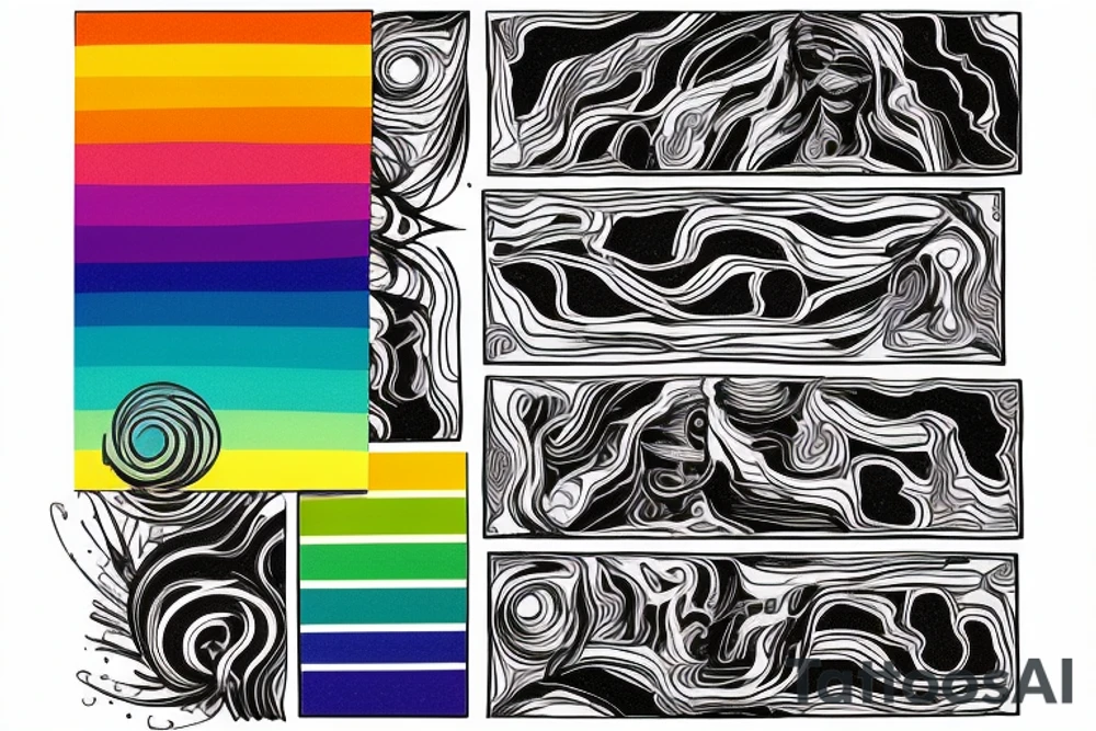 card sized

thick black lines, with teal, amber and purple being the only used colors.

someone is relaxing in a boat going down a multi colour rainbow river in the universe tattoo idea
