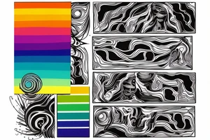 card sized

thick black lines, with teal, amber and purple being the only used colors.

someone is relaxing in a boat going down a multi colour rainbow river in the universe tattoo idea
