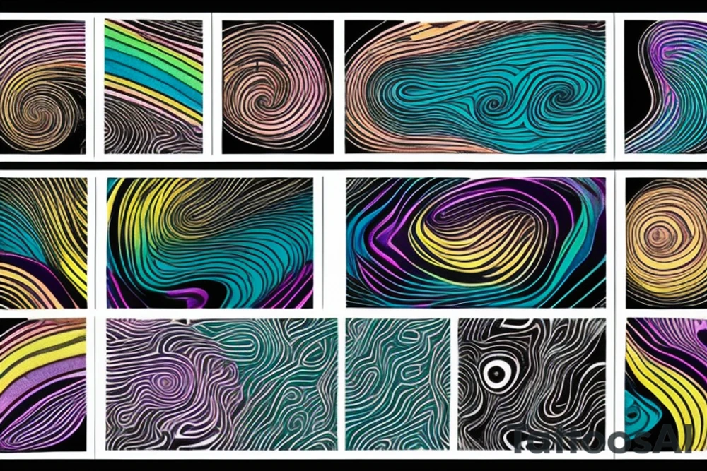 card sized

thick black lines, with teal, amber and purple being the only used colors.

someone is relaxing in a boat going down a multi colour rainbow river in the universe tattoo idea