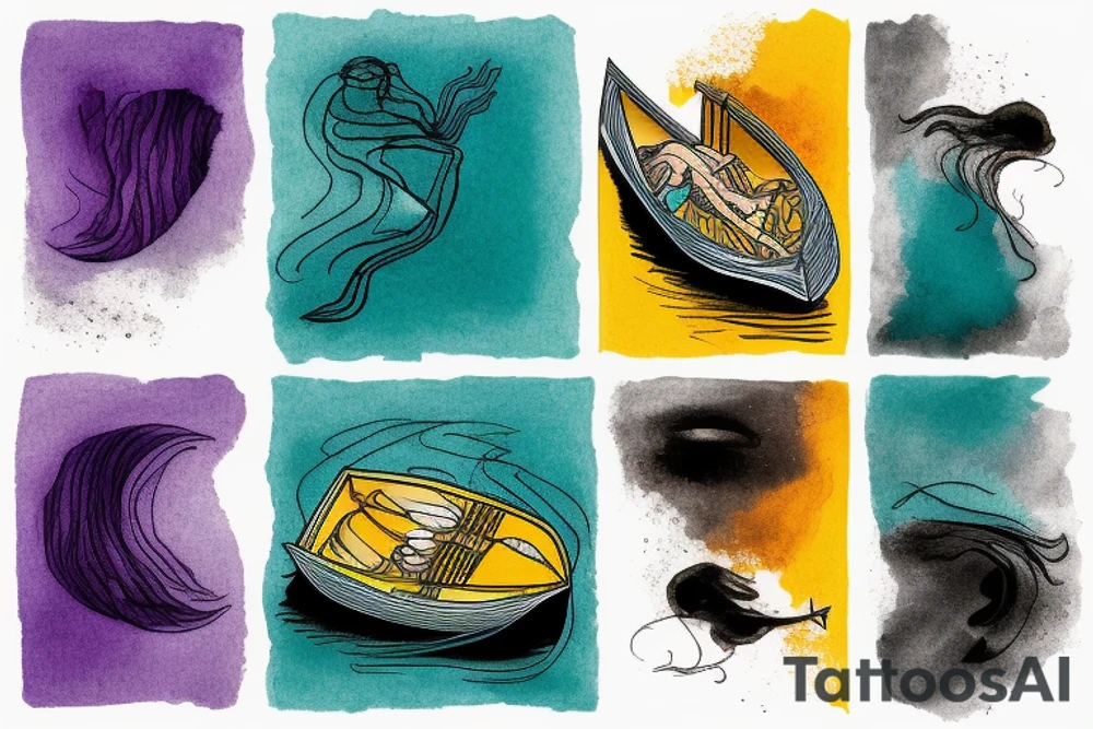 card sized

thick black lines, with teal, amber and purple being the only used colors.

A human being is relaxing in a boat going down a  river in the universe tattoo idea