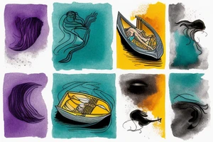 card sized

thick black lines, with teal, amber and purple being the only used colors.

A human being is relaxing in a boat going down a  river in the universe tattoo idea