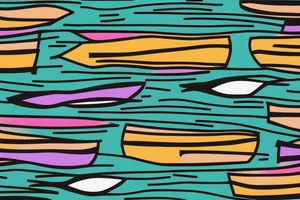 card sized

thick black lines, with teal, amber and purple being the only used colors.

A human being is relaxing in a boat going down a  river in the universe tattoo idea