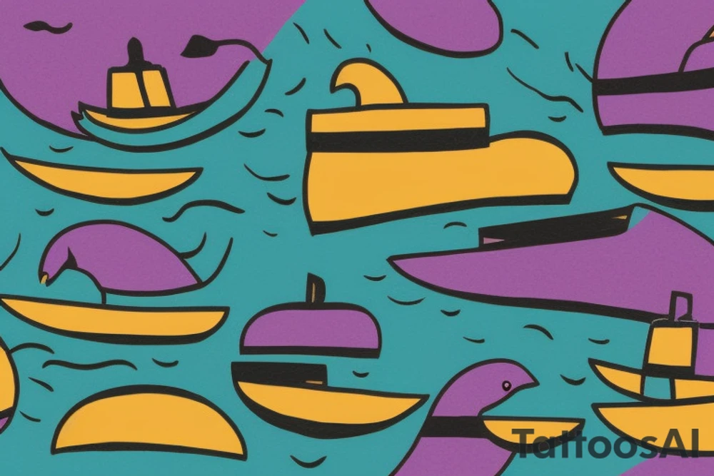 card sized

thick black lines, with teal, amber and purple being the only used colors.

A human being is relaxing in a boat going down a  river in the universe tattoo idea