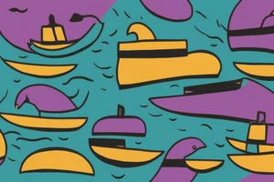 card sized

thick black lines, with teal, amber and purple being the only used colors.

A human being is relaxing in a boat going down a  river in the universe tattoo idea