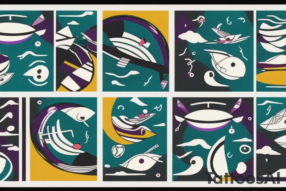 card sized

thick black lines, with teal, amber and purple being the only used colors.

A human being is relaxing in a boat going down a  river in the universe tattoo idea