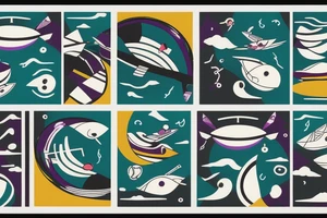 card sized

thick black lines, with teal, amber and purple being the only used colors.

A human being is relaxing in a boat going down a  river in the universe tattoo idea