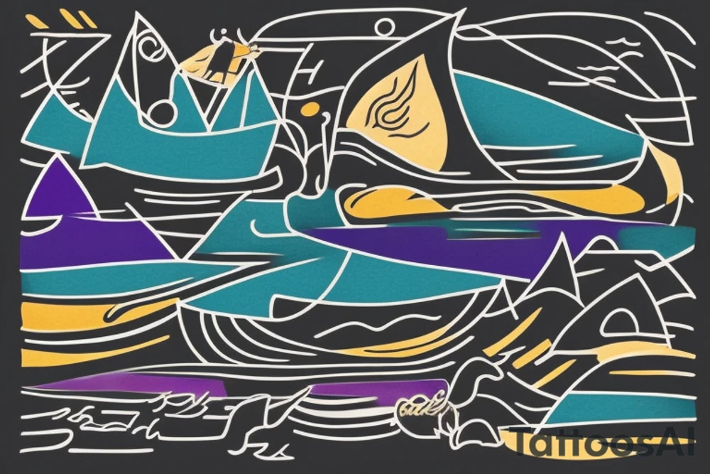 card sized

thick black lines, with teal, amber and purple being the only used colors.

A human being is relaxing in a boat going down a  river in the universe tattoo idea