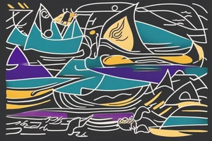 card sized

thick black lines, with teal, amber and purple being the only used colors.

A human being is relaxing in a boat going down a  river in the universe tattoo idea