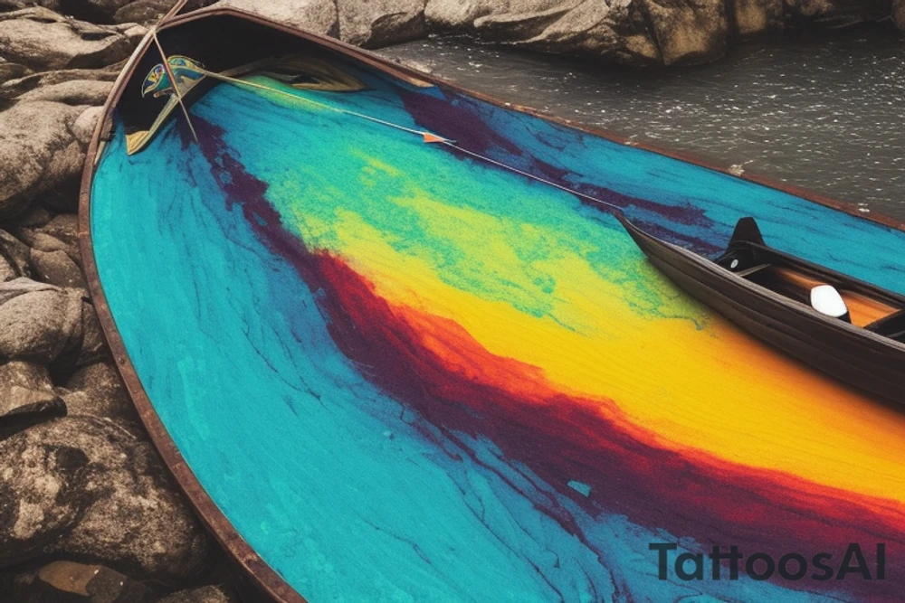 card sized

thick black lines, with teal, amber and purple being the only used color in the rivers.The man in the boat is grey and orange. the surround area around the river is a multi color galaxy

A human being is relaxing in a boat going down a  river in the universe tattoo idea
