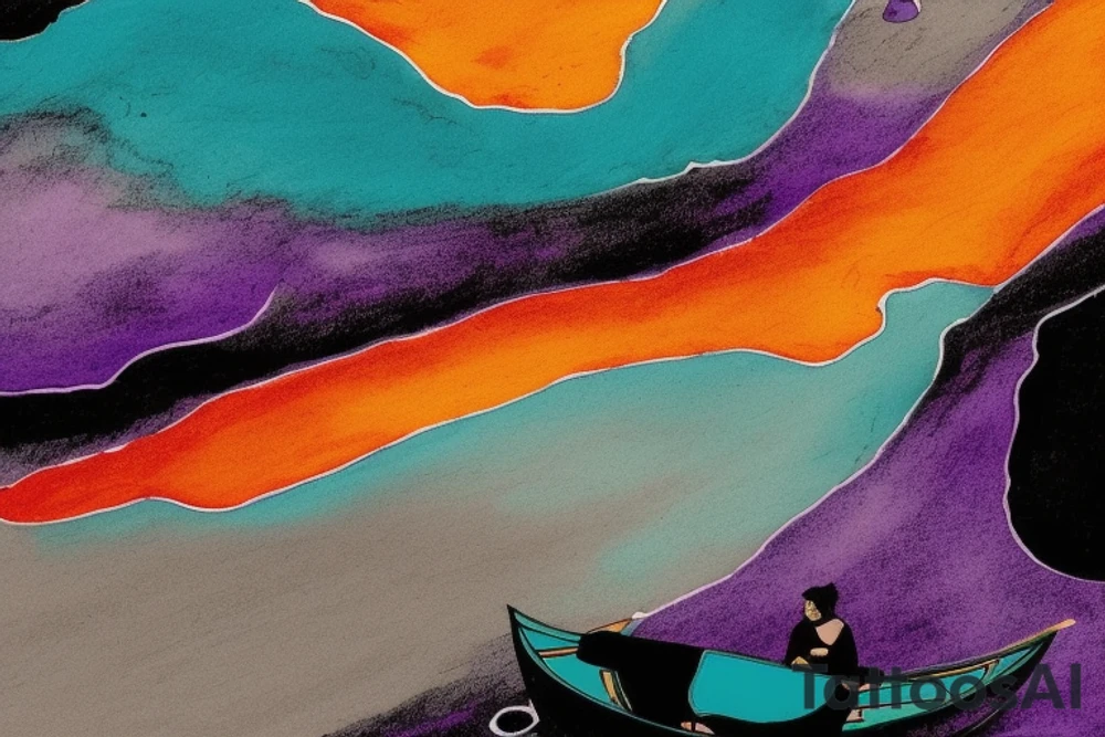 card sized

thick black lines, with teal, amber and purple being the only used color in the rivers.The man in the boat is grey and orange. the surround area around the river is a multi color galaxy

A human being is relaxing in a boat going down a  river in the universe tattoo idea