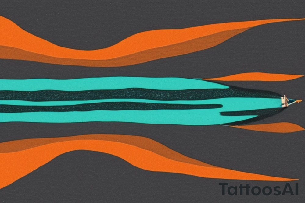 card sized

thick black lines, with teal, amber and purple being the only used color in the rivers.The man in the boat is grey and orange. the surround area around the river is a multi color 4d galaxy

A human being is relaxing in a boat going down a river in the universe tattoo idea
