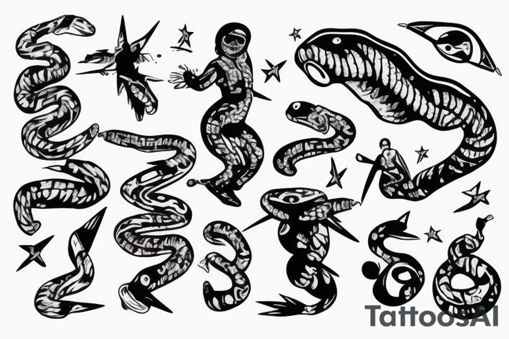 Astronaut snake dancing on river tattoo idea
