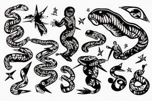 Astronaut snake dancing on river tattoo idea