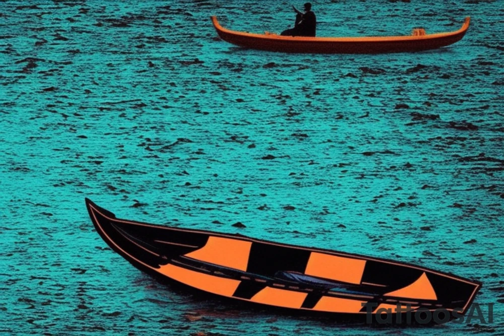 card sized

thick black lines, with teal, amber and purple being the only used color in the rivers.The human being in the boat is grey and orange. the surrounding area around the river is a purple black hole 

A human being is relaxing in a boat going down a river in the universe tattoo idea