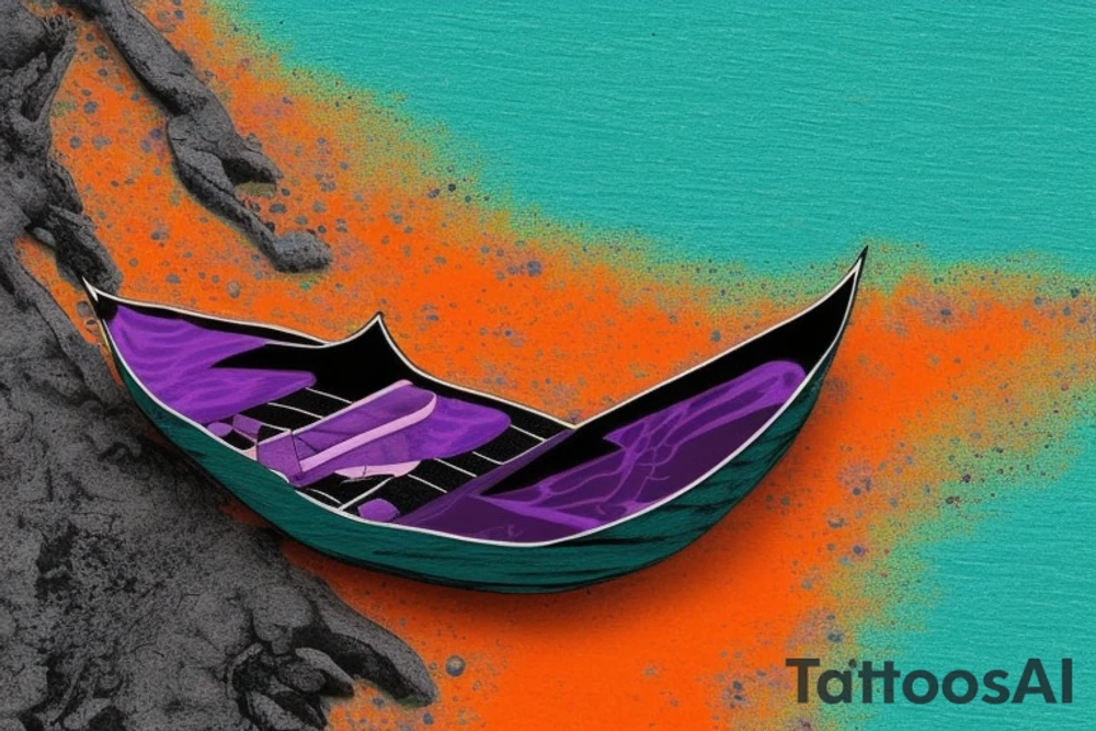 card sized

thick black lines, with teal, amber and purple being the only used color in the rivers.The human being in the boat is grey and orange. the surrounding area around the river is a purple black hole 

A human being is relaxing in a boat going down a river in the universe tattoo idea