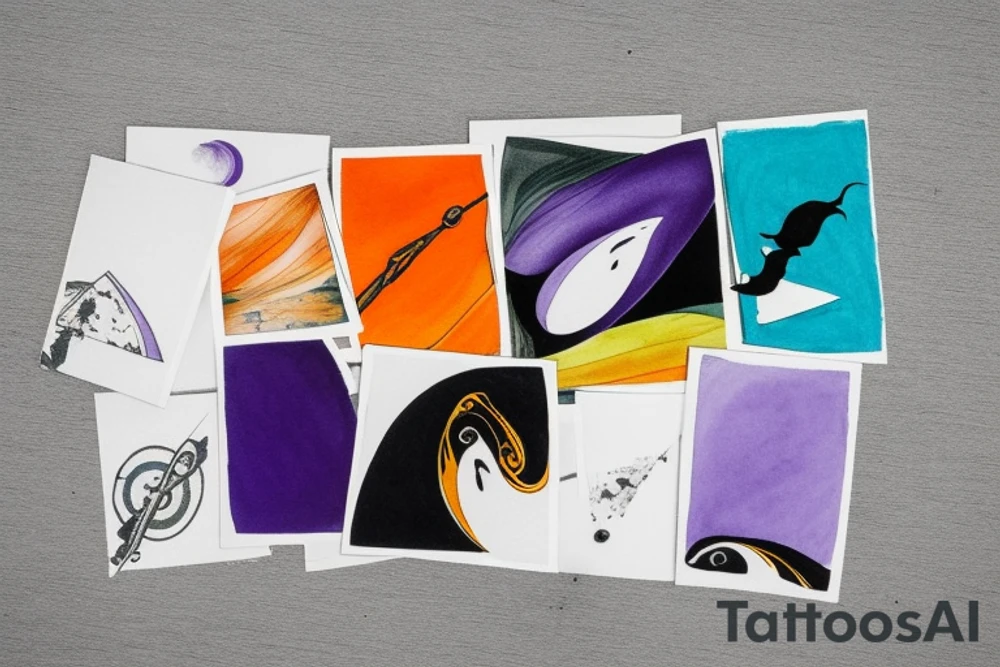 card sized

thick black lines, with teal, amber and purple being the only used color in the rivers.The human being in the boat is grey and orange. the surrounding area around the river is a purple black hole 

A human being is relaxing in a boat going down a river in the universe tattoo idea