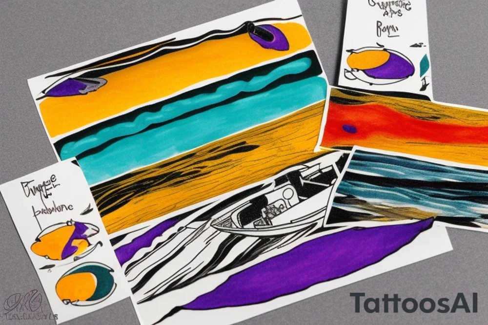 card sized

thick black lines, with teal, amber and purple being the only used color in the rivers.The human being in the boat is grey and orange. the surrounding area around the river is a purple black hole 

A human being is relaxing in a boat going down a river in the universe tattoo idea