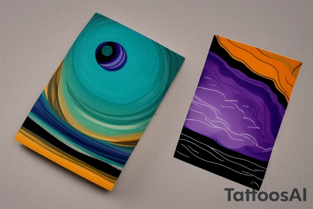 card sized

thick black lines, with teal, amber and purple being the only used color in the rivers.The human being in the boat is grey and orange. the surrounding area around the river is a purple black hole 

A human being is relaxing in a boat going down a river in the universe tattoo idea