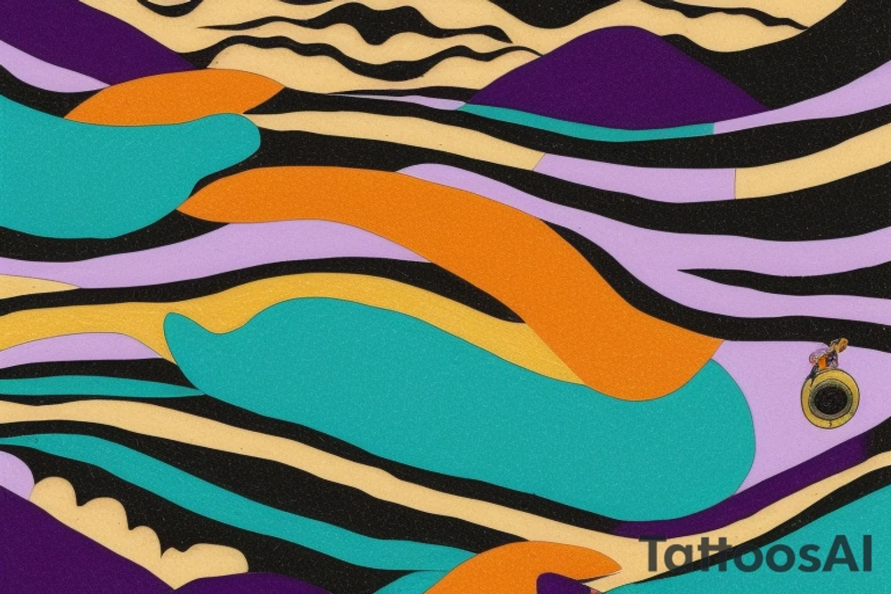 card sized

thick black lines, with teal, amber and purple being the only used color in the rivers.The human being in the boat is grey and orange. the surrounding area around the river is a purple black hole 

A human being is relaxing in a boat going down a river in the universe tattoo idea