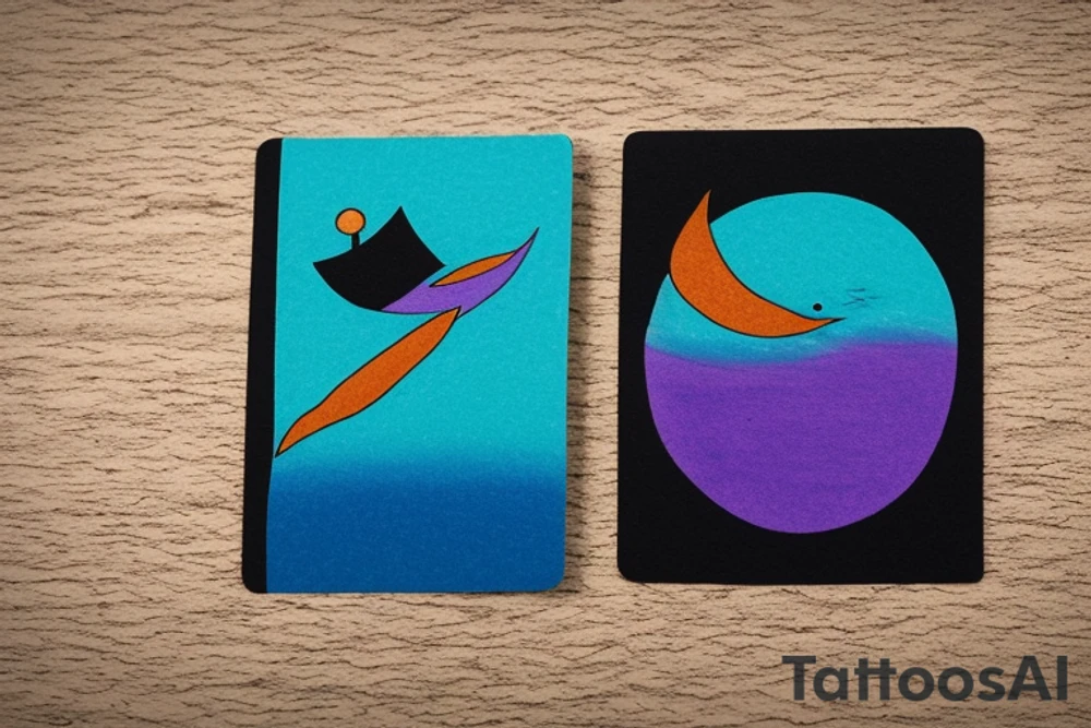 card sized

thick black lines, with teal, amber and purple being the only used color in the rivers.The human being in the boat is grey and orange. the surrounding area around the river is a purple black hole 

A human being is relaxing in a boat going down a river in the universe tattoo idea