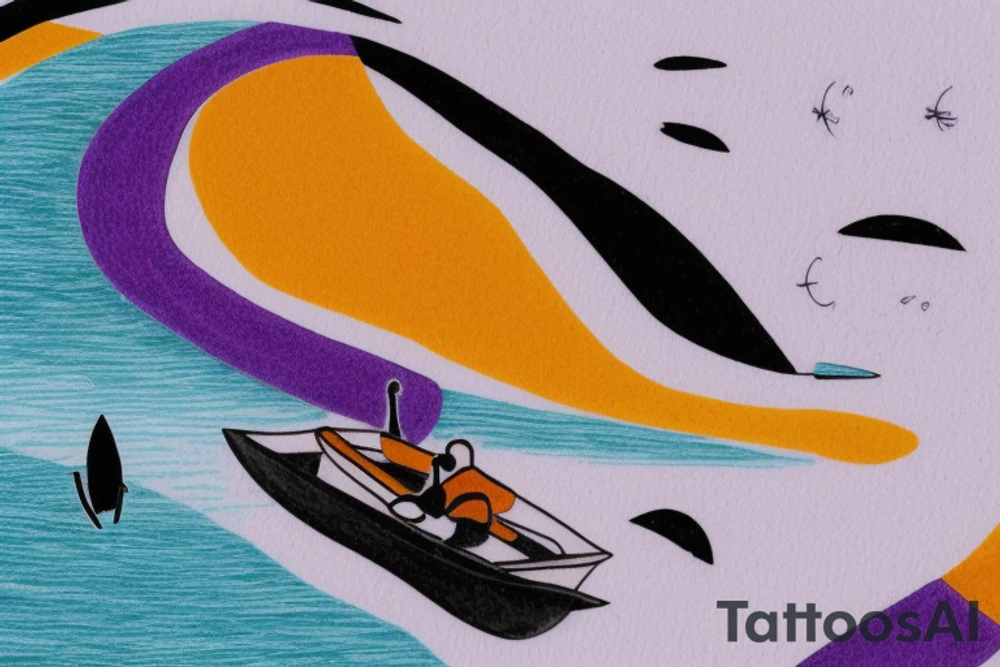 card sized

thick black lines, with teal, amber and purple being the only used color in the rivers.The human being in the boat is grey and orange. the surrounding area around the river is a purple black hole 

A human being is relaxing in a boat going down a river in the universe tattoo idea